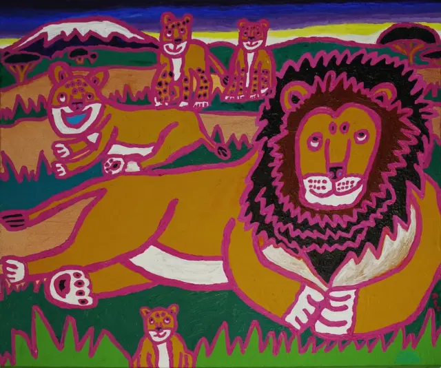 アフリカアート　ライオン【画家 サイン入り】(8) アフリカアート ライオン【画家 サイン入り】(8) 開運】パワフル